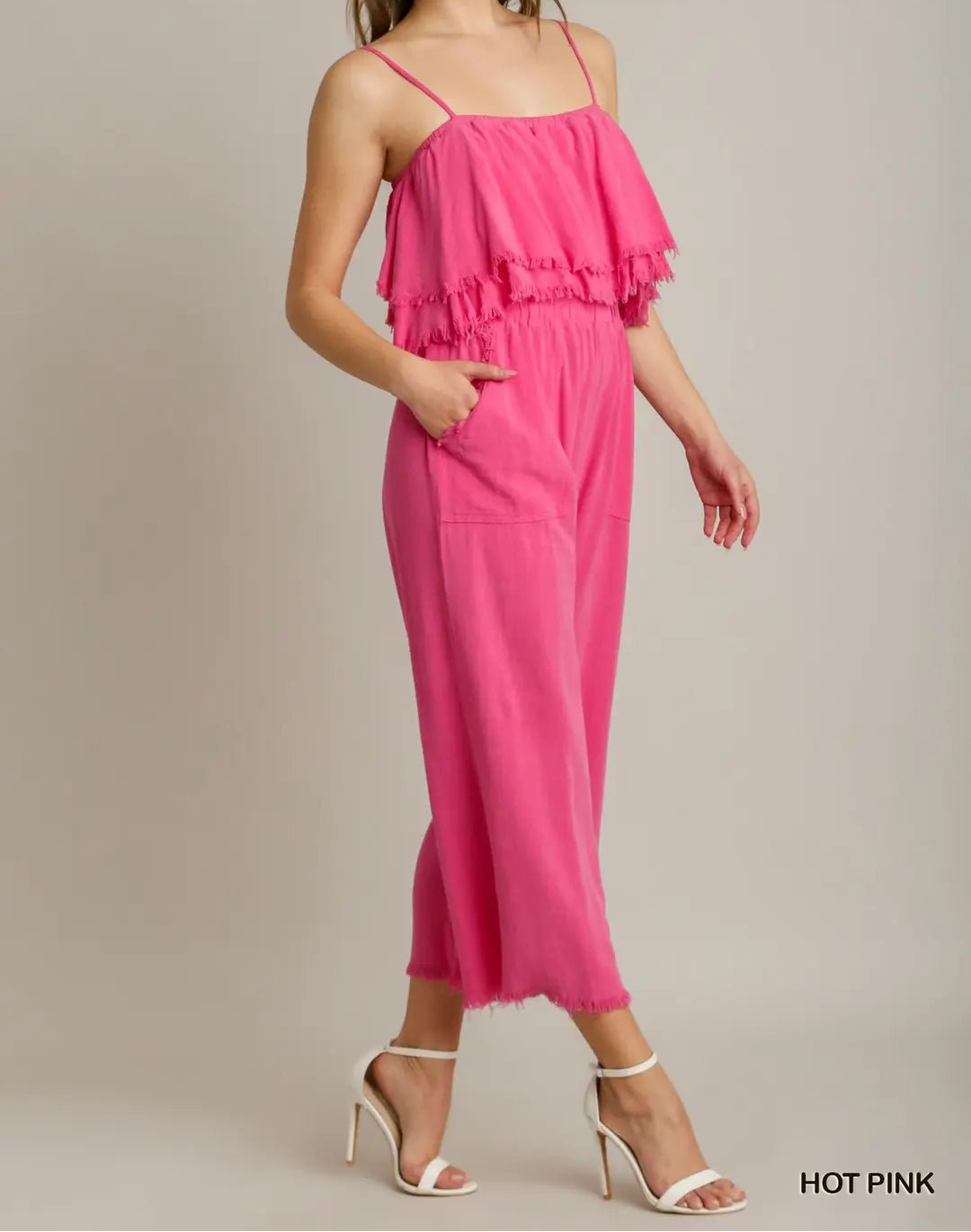 Spaghetti Strap Tiered Ruffle Unfinished Hem Jumpsuit (NP) - Hot Pink! - Nikki and Co Boutique