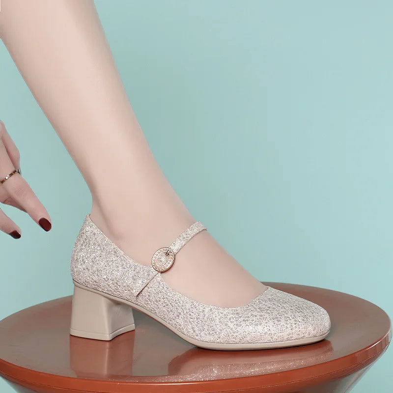 5cm Breathable Comfortable Shallow Glod Bling Wedding Shoes Women Pumps 2025 Trend Spring Med Block Heels Shoes for Office Model