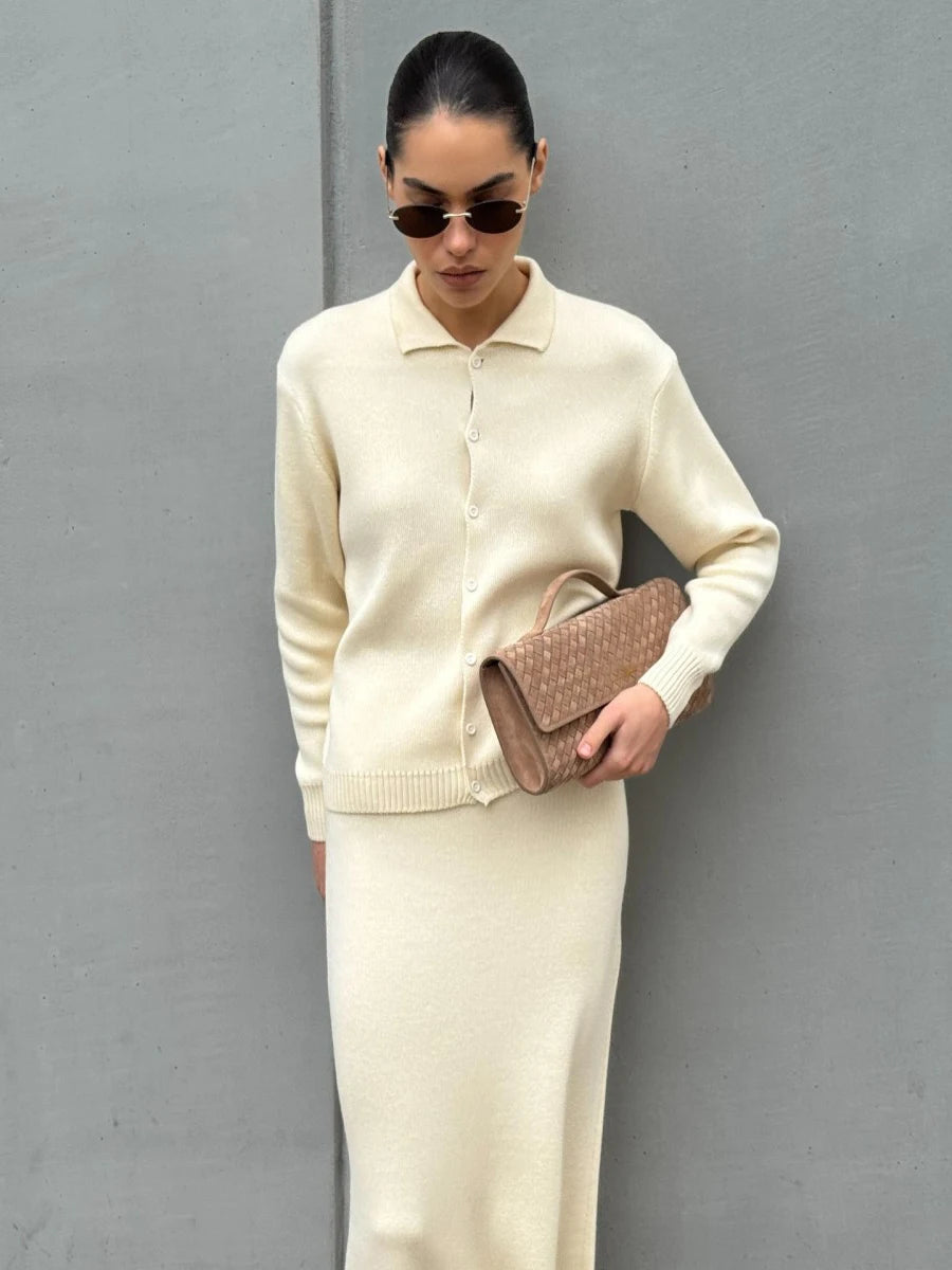 Women Knitted Outfits Casual Long Sleeve Lapel Sweater Cardigan+Loose Maxi Skirt Outfits 2025 Autumn Winter Two Piece Set