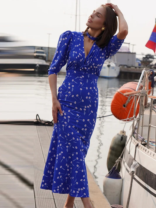 Print Deep V Shoulder Pad Long Dress Women Elegant Short Sleeve Waist Cinching Hip Package Sheath Party Dresses New Summer Robes