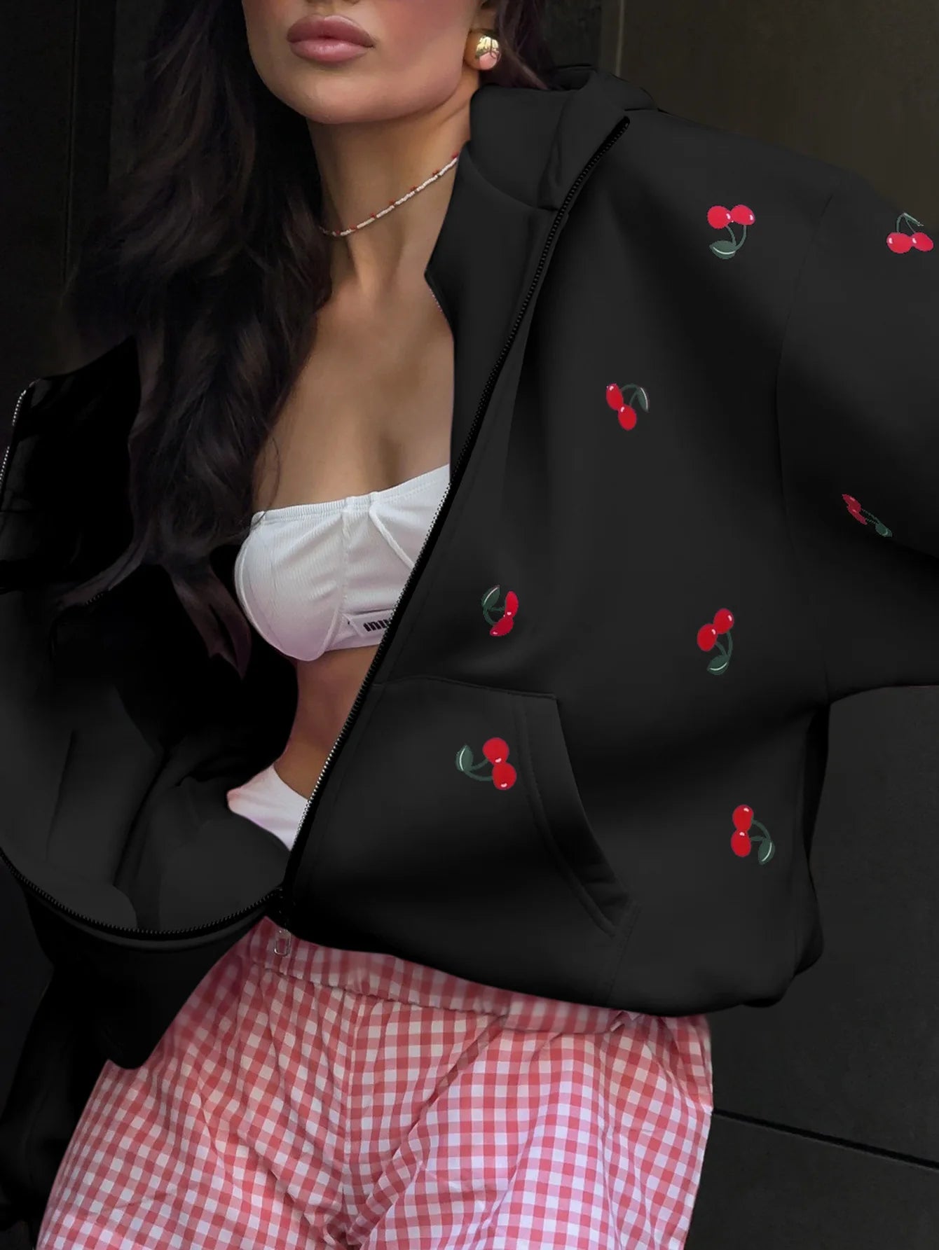 Women's Cherry Printed Sweatshirt Jacket 2025 Autumn Street Style Fashion Trendy Brand Loose Versatile Sports Hoodie Female New