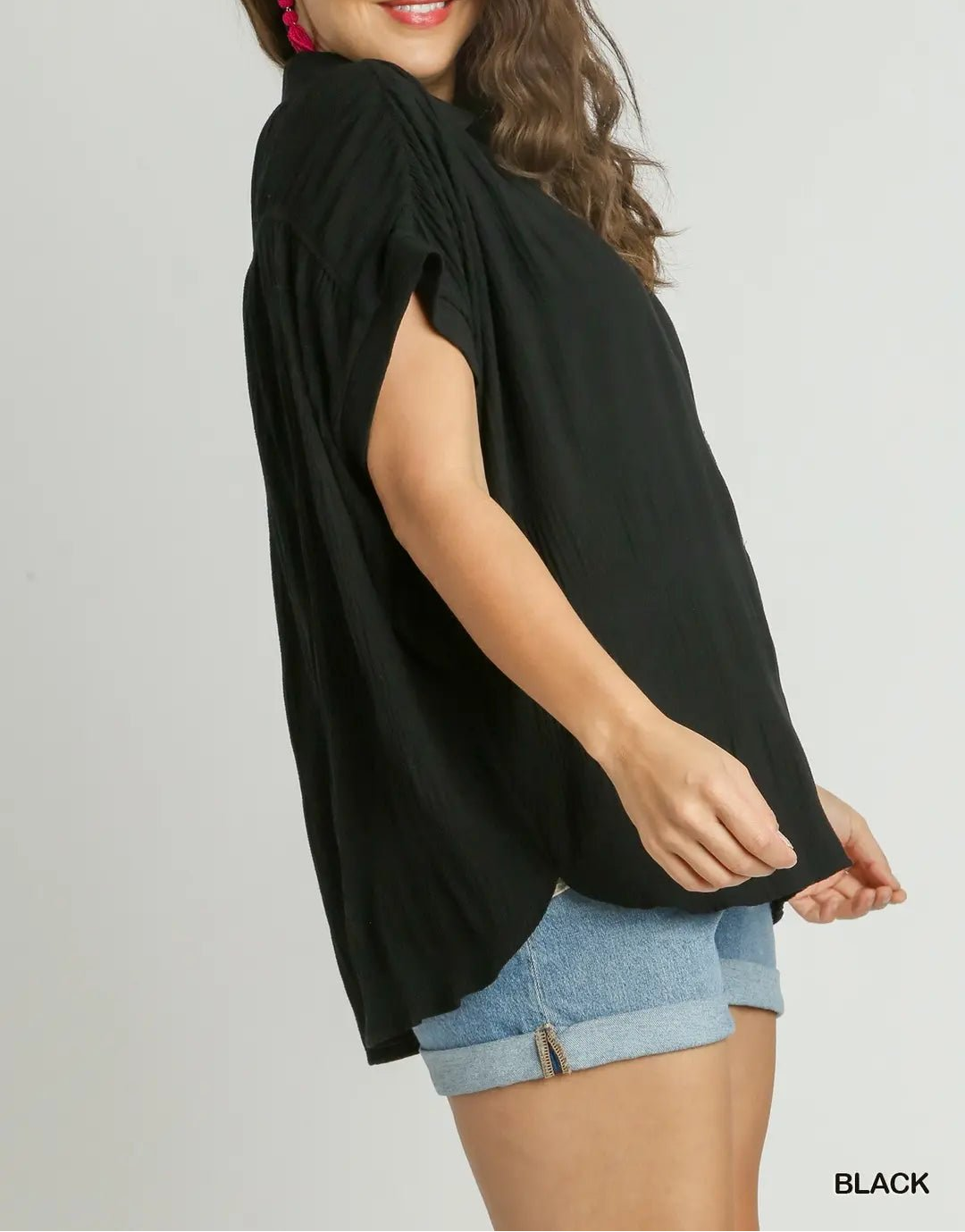 Smocked Fabric, Collared Button - Down Shirt (NP) - Plus, Black - Nikki and Co Boutique