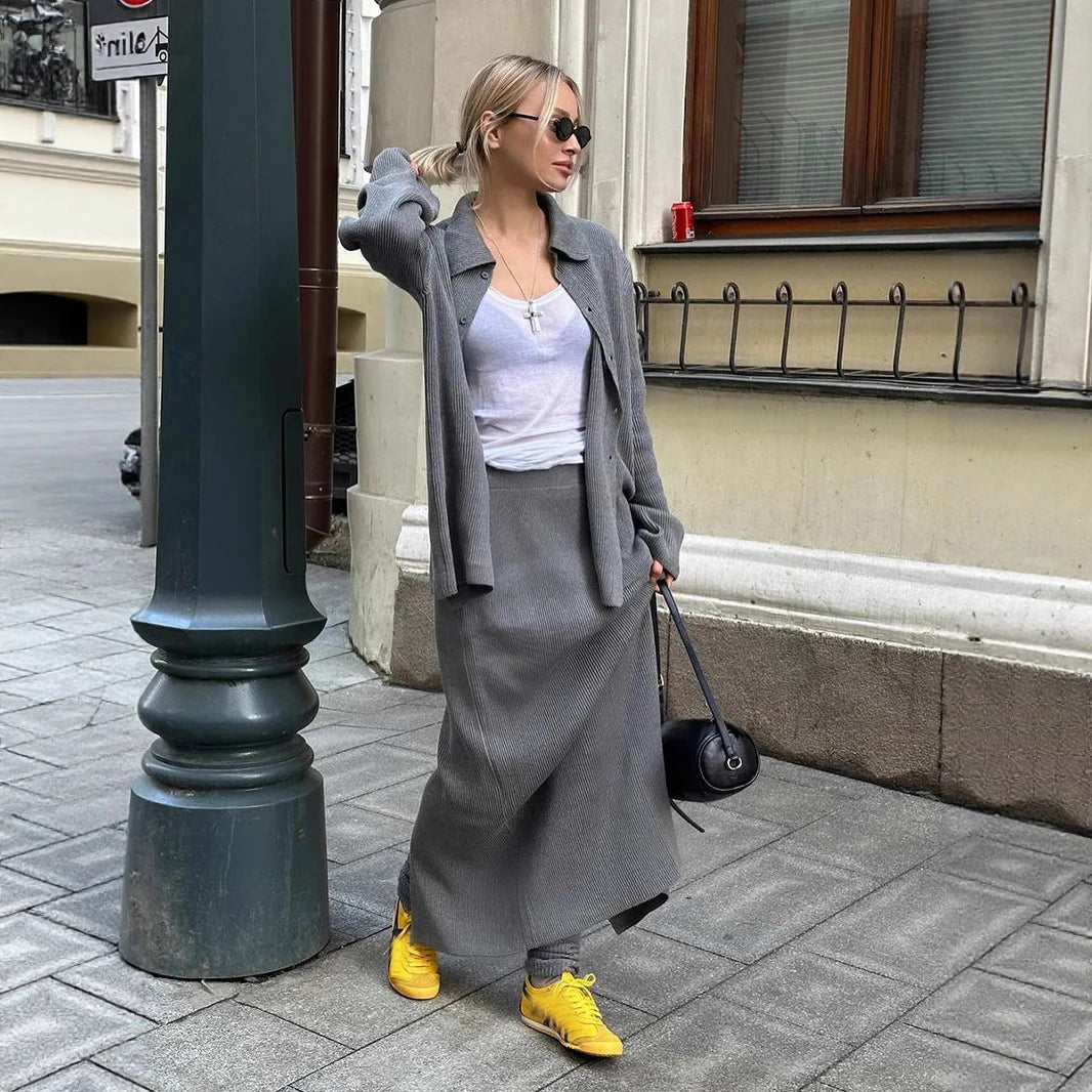 Women Knitted Outfits Casual Long Sleeve Lapel Sweater Cardigan+Loose Maxi Skirt Outfits 2025 Autumn Winter Two Piece Set