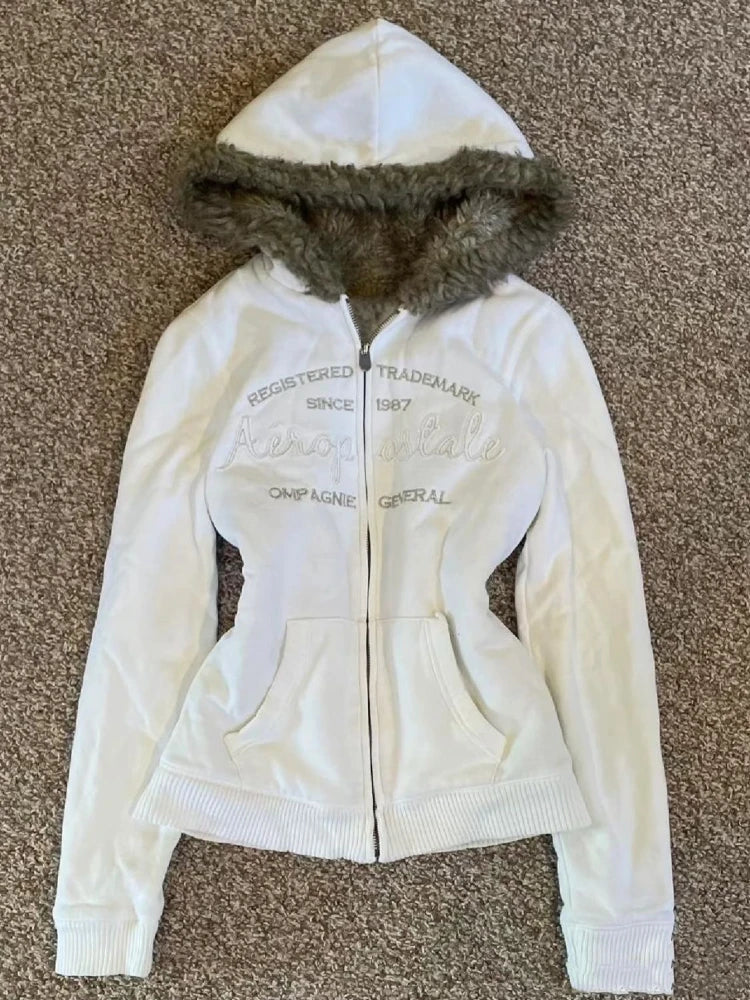 Vintage Letter Fur Collar Hooded Sweatshirt Autumn Winter Zipper Y2K Retro Fleece Jacket Harajuku Embroidery Plush Dark Fashion