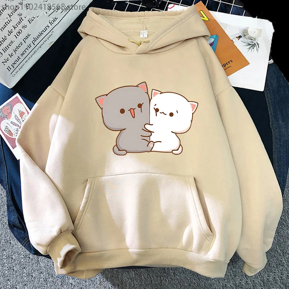 Kawaii Cat Hoodie Peach Funny Cute Sweatshirts Cartoon Print Clothing Women Aesthetic Spring Winter Pink Top Girls Hooded Female