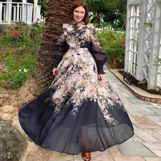 Women Flower Printed Dress Sets Long Sleeve Button Shirts+Pleated Zippers Skirts Two Pieces Suits Summer Lady Casual Outfits