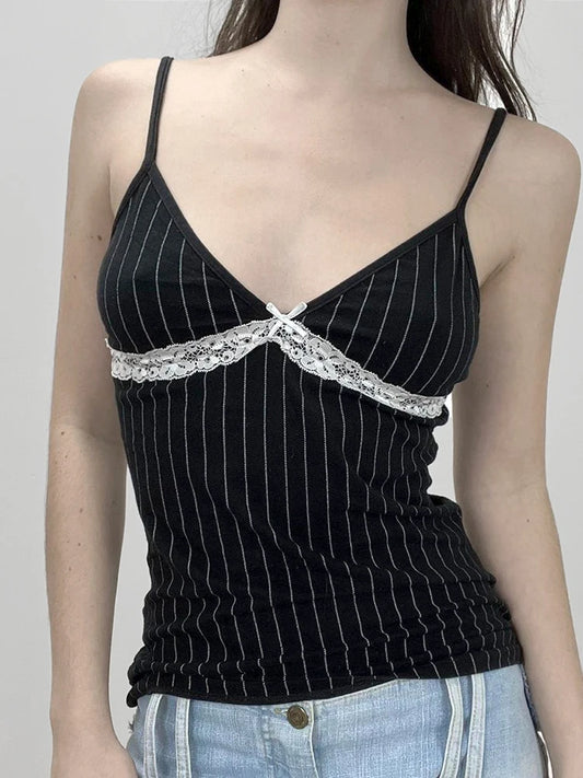 Rockmore Vintage Striped Corset Top Women Coquette Sweet Lace V Neck Crop Camis Y2K Streetwear Female 2000s Aesthetic Clothes