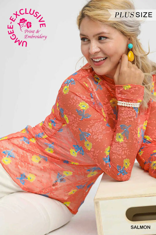 Bloom Mesh Floral Lace Top (N) - Plus, Salmon - Nikki and Co Boutique