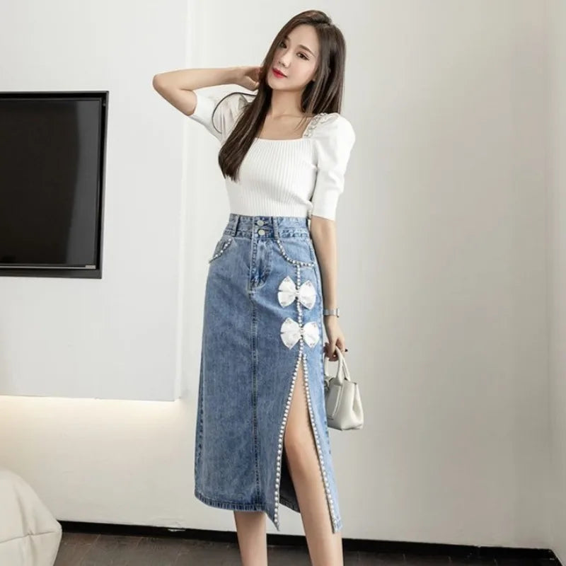 Woman Denim Skirt with Slit Midi Bow High Waist Jeans Skirts for Women Y2k Vintage Clothing Sales New in Luxury Elegant Chic