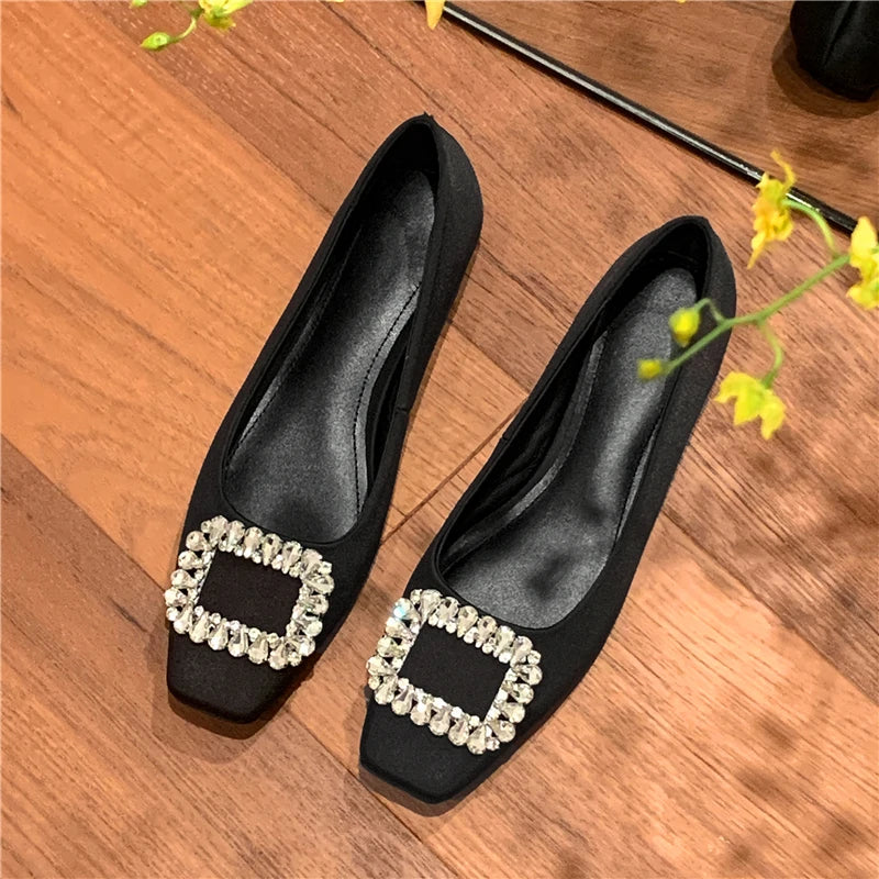 Drestrive 2025 Elegant Women's Pumps Cow Leather Crystal Knot Square Toe Thick Low Heels Handmade Summer Shoes