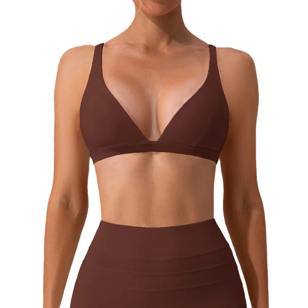 High Strength Nude V-neck Bra, Shock-absorbing and Tight Fitting Sports Bra, Pilates Running and Fitness Vest for Women