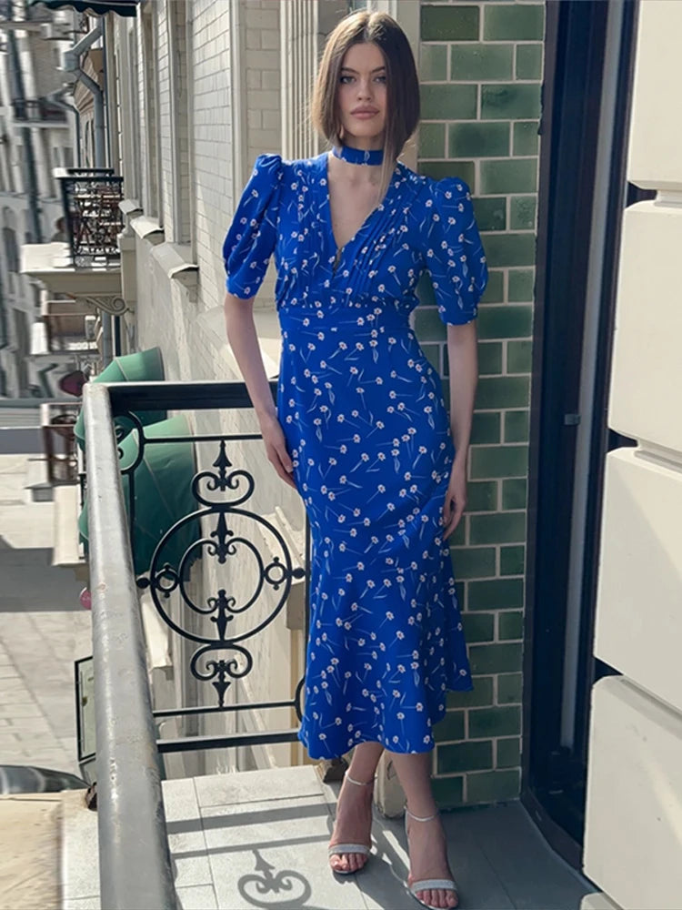 Print Deep V Shoulder Pad Long Dress Women Elegant Short Sleeve Waist Cinching Hip Package Sheath Party Dresses New Summer Robes