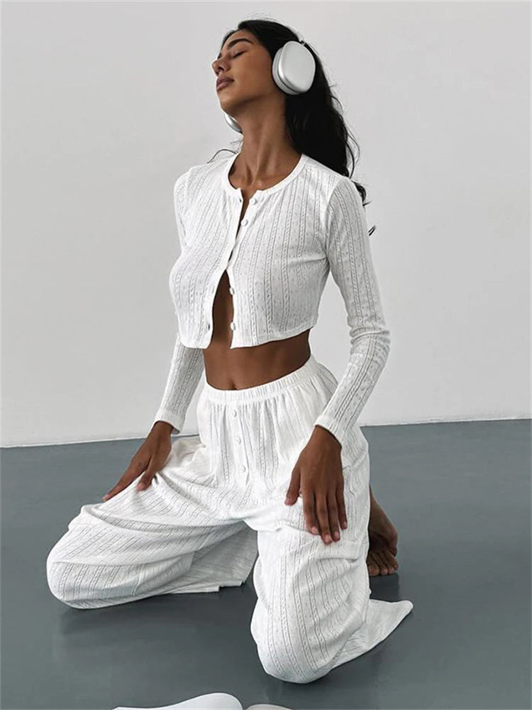 Absobe Pajamas Homewear Hollow Pants Casual Suit Women's Matching Sets Buttons Crop Cardigan Top Loose Trousers Autumn 2024 New