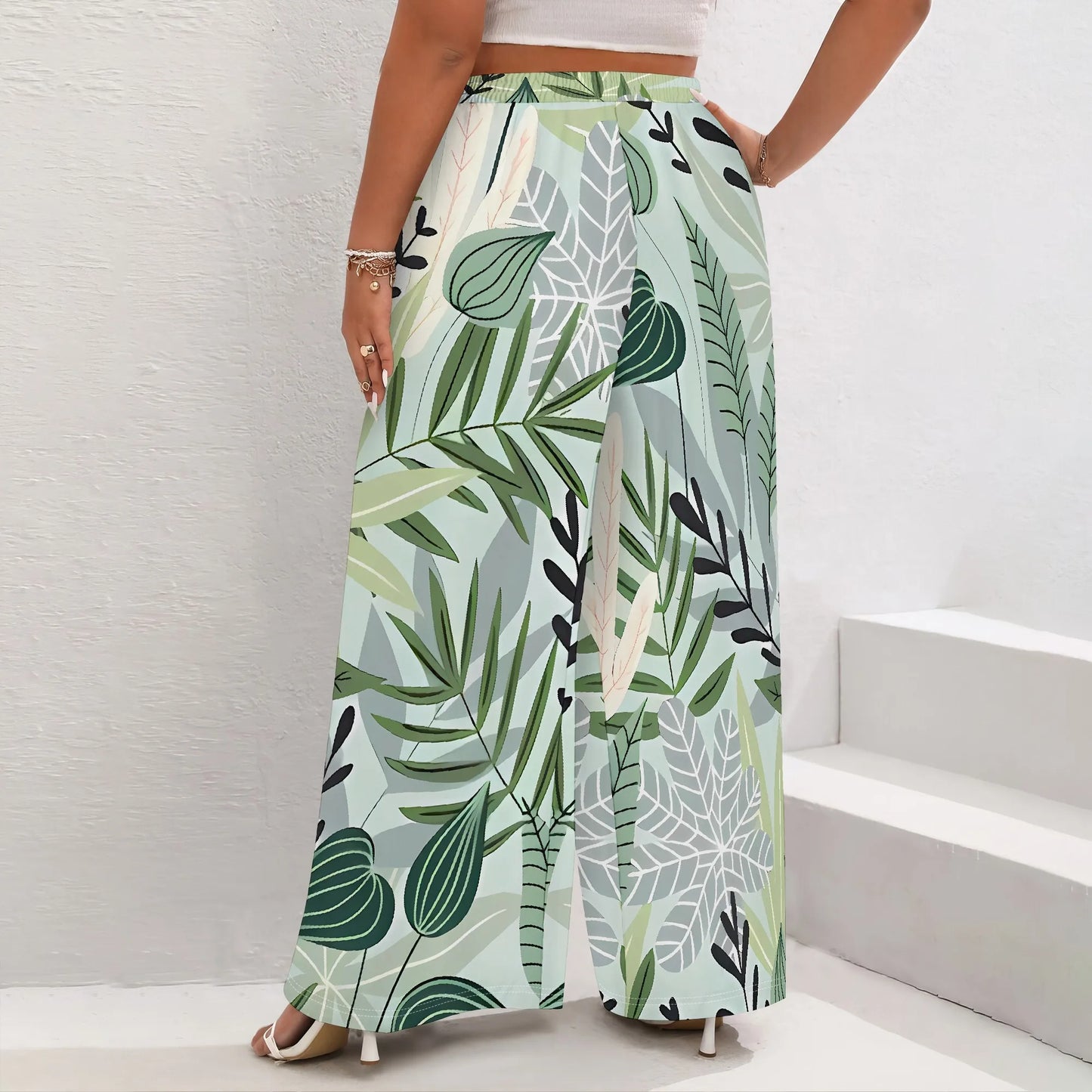 Nupusa Tropical Leaf Print Wide Leg Pants for Women Standard Size Summer Casual Drawstring Waist Trousers