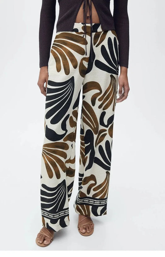 European and American style 2025 new print retro mid-waist wide-leg casual pants