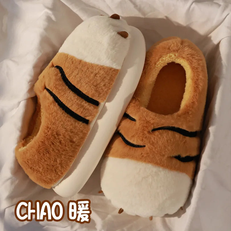 2025 Cartoon Tiger Paw Slipper Winter Indoor Warm Fur Shoes Slides Cute Animals Plush Platform Design Claw Ladies Home Slippers