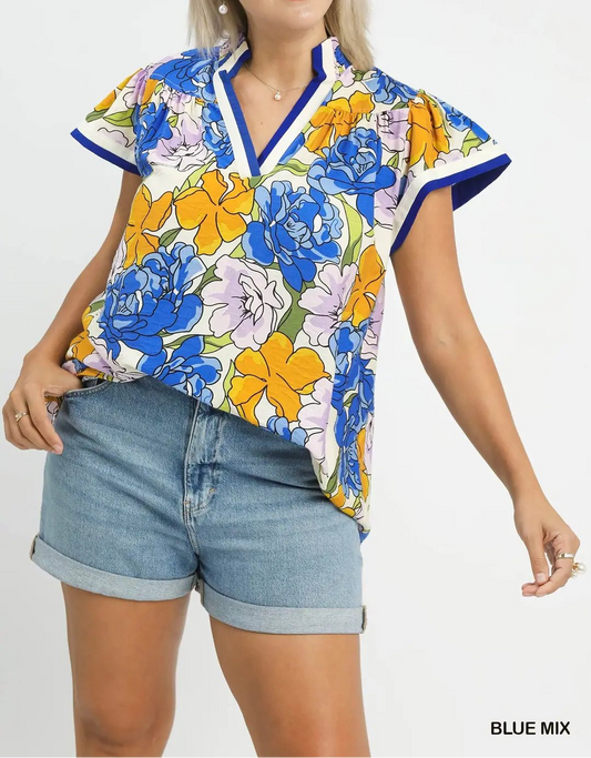 Floral Print Blouse with Contrast Trim (NP) - Plus, Blue Mix - Nikki and Co Boutique