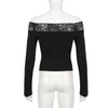 CIBBAR Black Lace Stitched Slash Neck Crop Top Elegant Sexy Skinny Long Sleeve T Shirts for Women Harajuku Y2k Spring Tees Basic