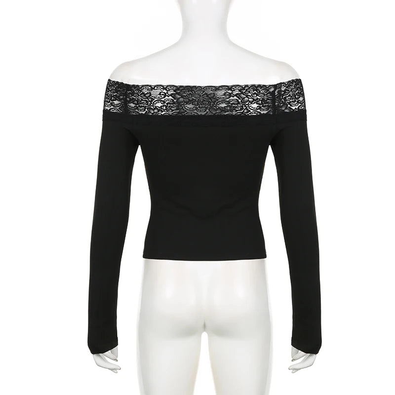 CIBBAR Black Lace Stitched Slash Neck Crop Top Elegant Sexy Skinny Long Sleeve T Shirts for Women Harajuku Y2k Spring Tees Basic