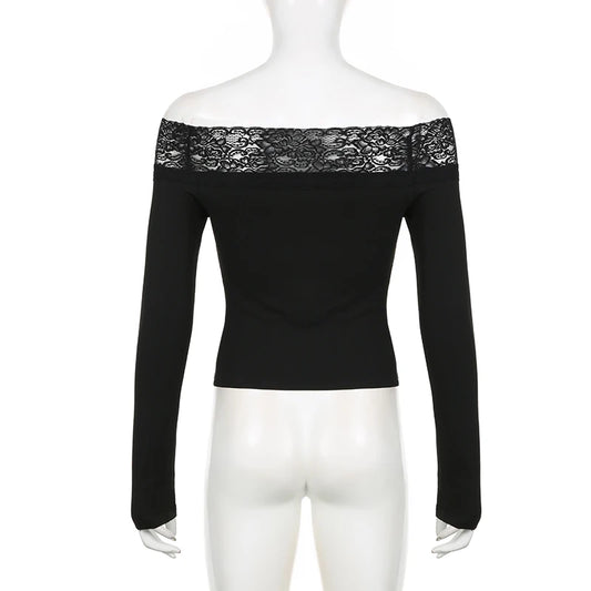 CIBBAR Black Lace Stitched Slash Neck Crop Top Elegant Sexy Skinny Long Sleeve T Shirts for Women Harajuku Y2k Spring Tees Basic