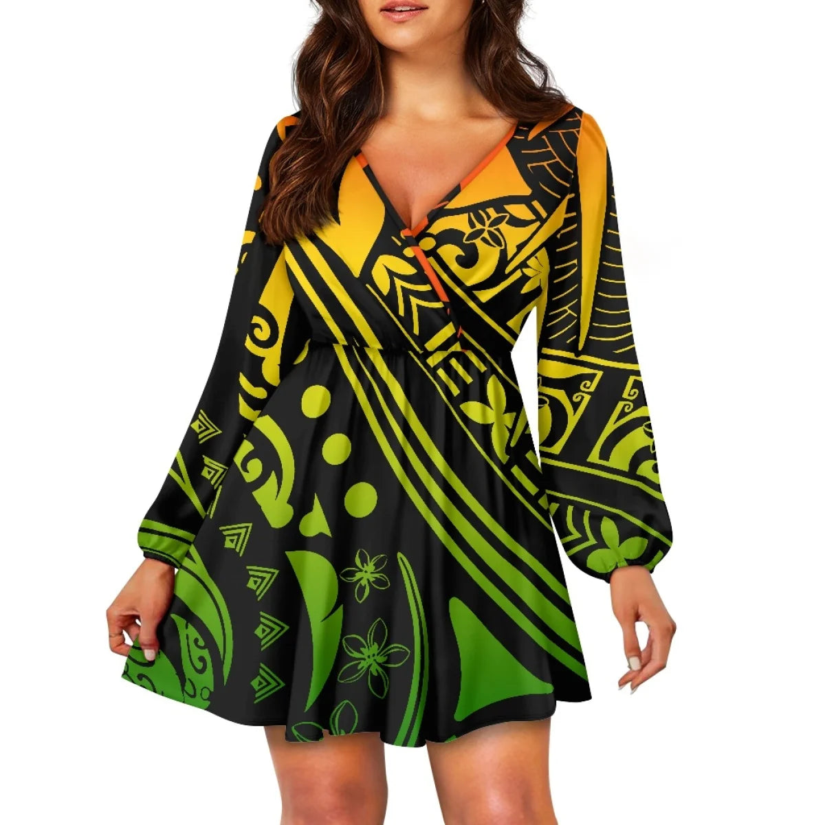 Teal Polynesian Tribal Design V Neck Dress Samoa Puletasi Plus Size Women's V Neck Dress Custom Island Style