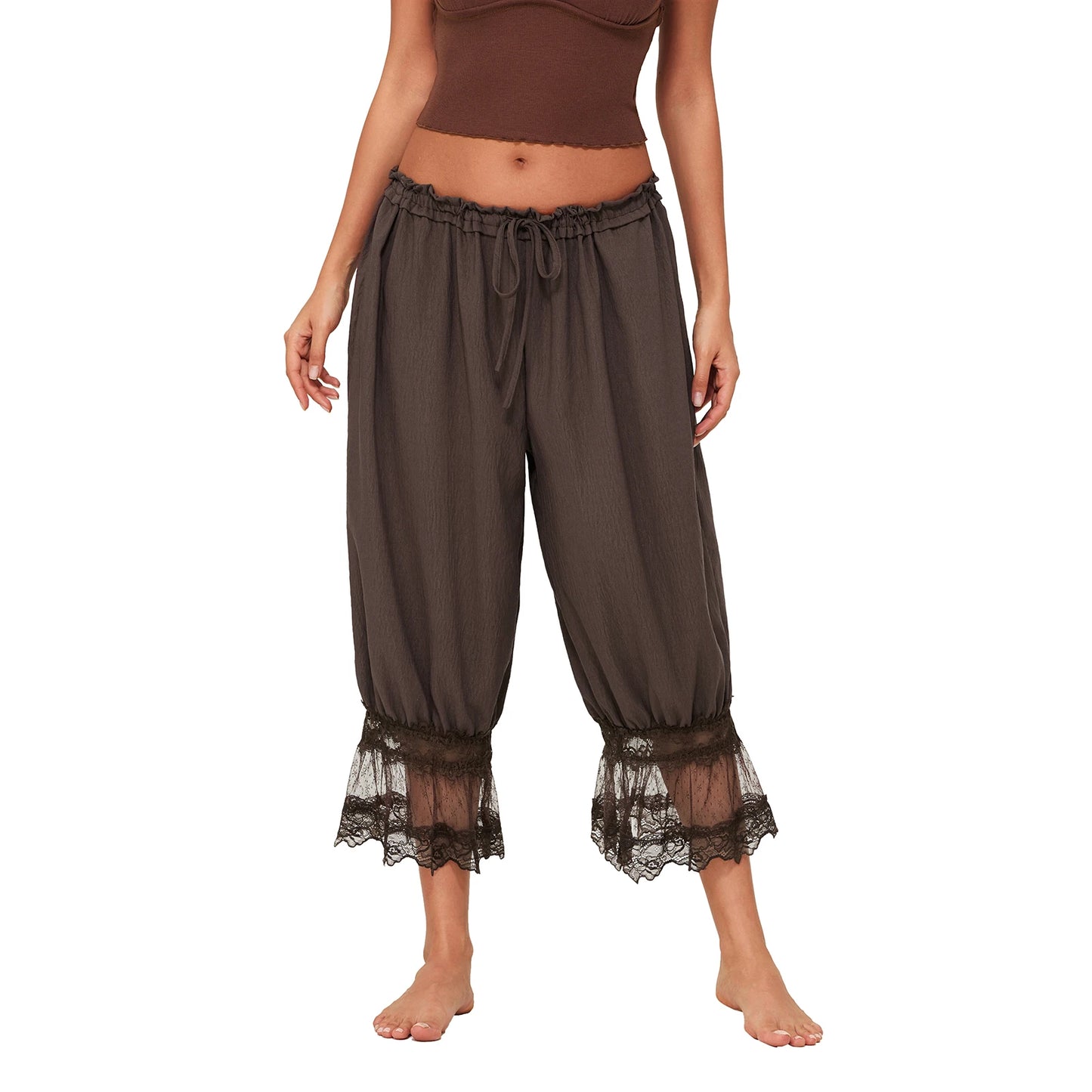 Womens Y2K Vintage Drawstring Cropped Pants Loose Fit Mid Rise Patchwork Lace Casual Lantern Bubble Pants Trousers Streetwear