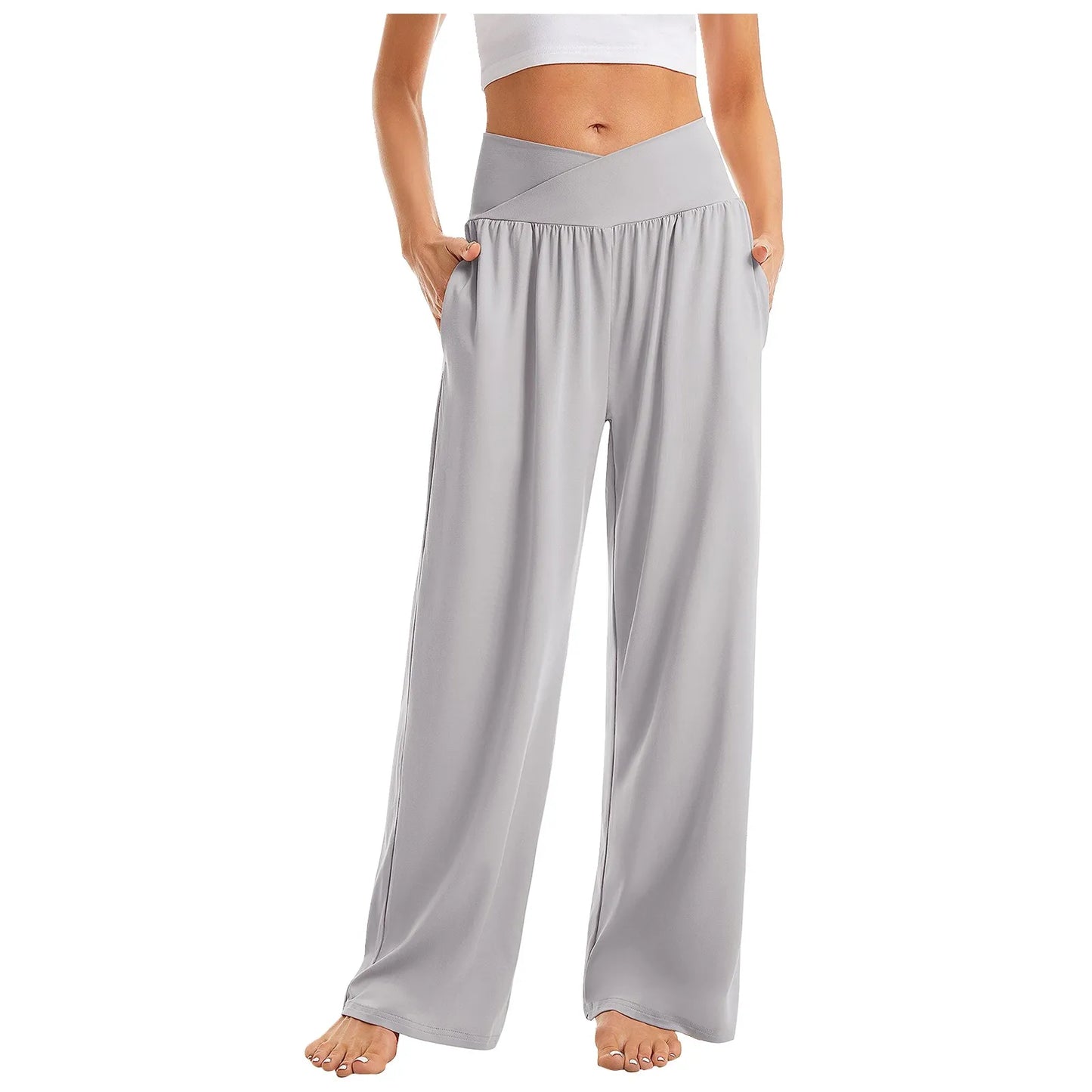Women's High Waist Solid Color Casual Comfortable Elastic Waist Straight Trousers Wide Leg Sports Long Pants With Pockets