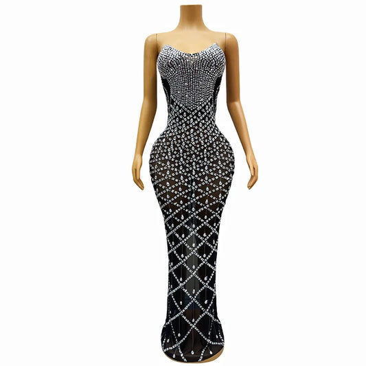 Black Diamond Model Contest Tube Top Temperament Elegant Performance Dress Full Of Diamonds Slim Dress Singers Annual Meeting