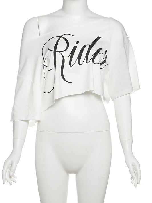 Nibber Loose Letter Print Mini t-Shirt Women Summer Trend Biased Collar Versatile Street Skinny Simple Classic Party Daily Tops