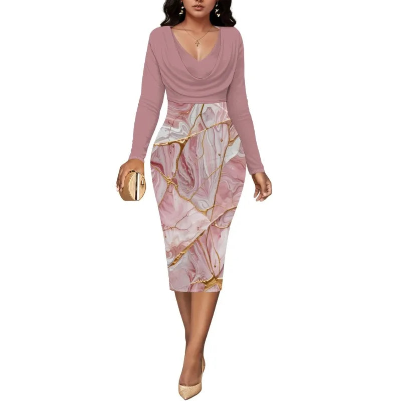 Womens Midi Dresses Church Dresses Long Sleeve Bodycon Cowl Neck Pencil Dress