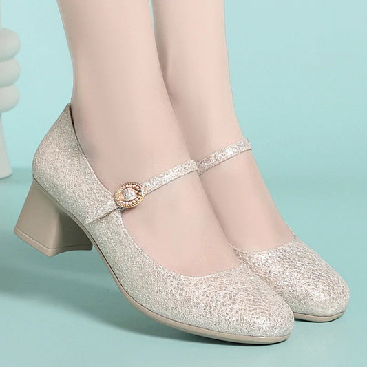 5cm Breathable Comfortable Shallow Glod Bling Wedding Shoes Women Pumps 2025 Trend Spring Med Block Heels Shoes for Office Model