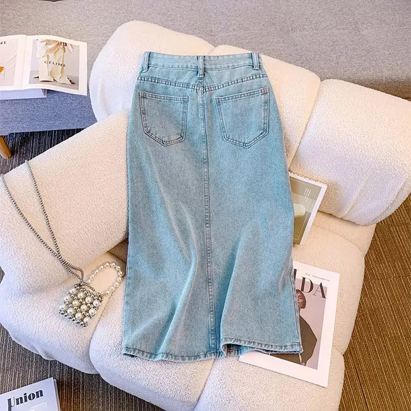 Wrap Women's Denim Skirt Blue Tight Female Jeans Skirts with Slit Luxury Elegant Stylish Premium Summer 2025 Modest Vintage Chic