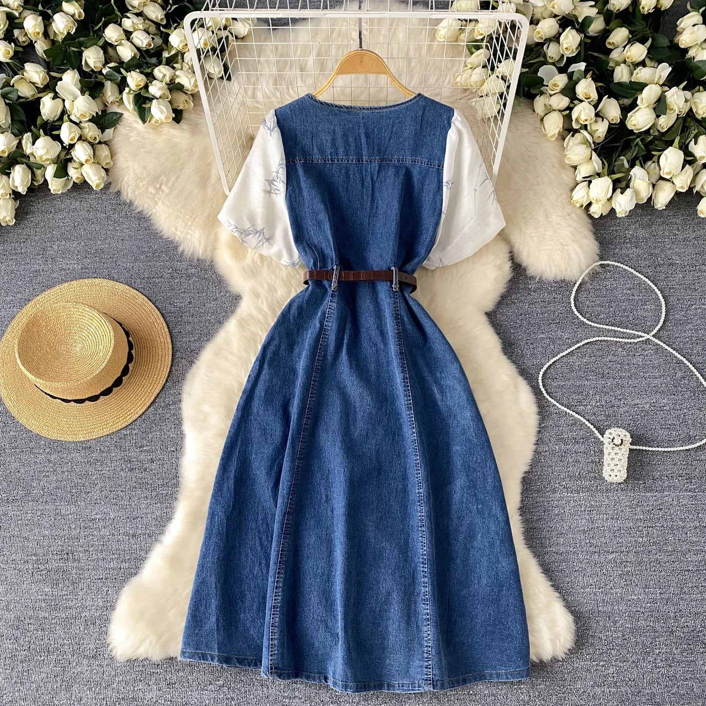 Short-sleeved Single-breasted Denim Dress.Women's Summer New Style Design Sense Square Collar Bubble Sleeve Splicing Long Dress