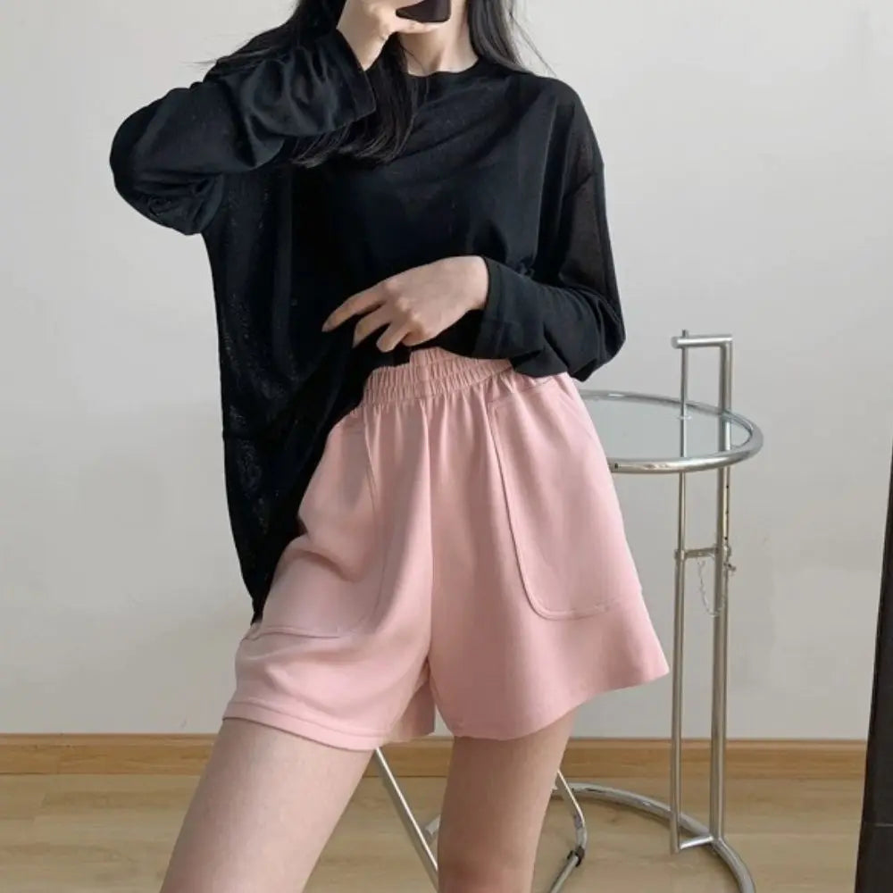 Casual Women's Shorts High Waist Summer Sports Shorts With Pocket Loose Homewear Bottoms Girls Homewear Wide Leg Sweat Short