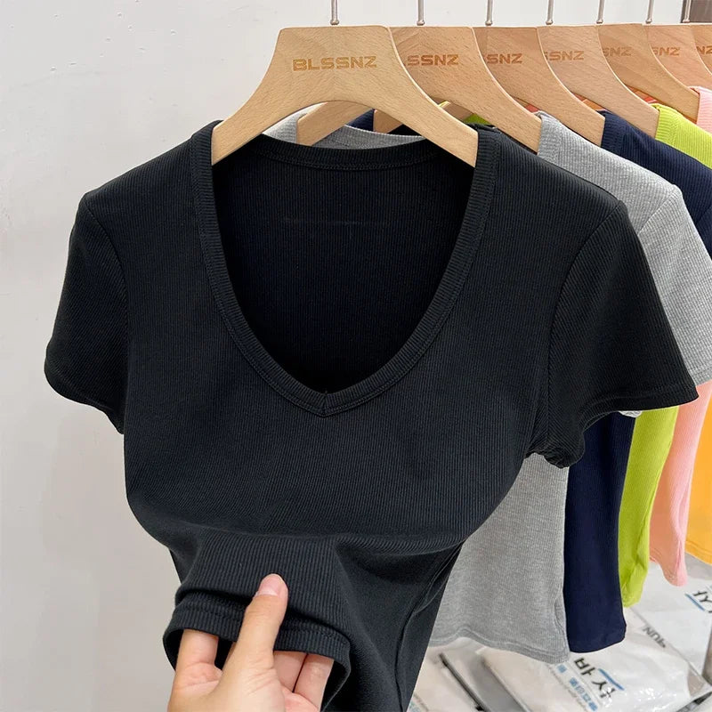 2025 Female Y2K Tops Clothes Summer Sexy Basic Crop Top Women Ribbed Short Sleeve T-shirts Casual V-Neck Solid Slim Fit Tee