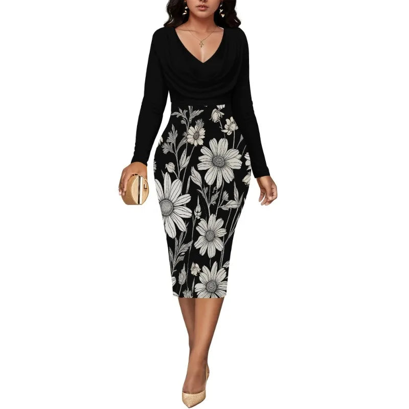 Womens Midi Dresses Church Dresses Long Sleeve Bodycon Cowl Neck Pencil Dress