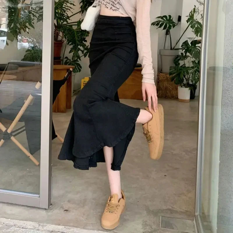 High Waist Jeans Skirts for Women Modest Vintage Harajuku Streetwear Premium Korean Fashion Cheap With Slit Woman Denim Skirt