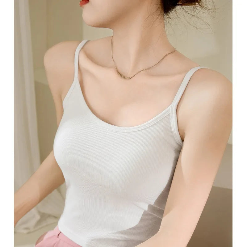 Girls' summer camisole with chest cushion gathered, thickened pure cotton camisole vest