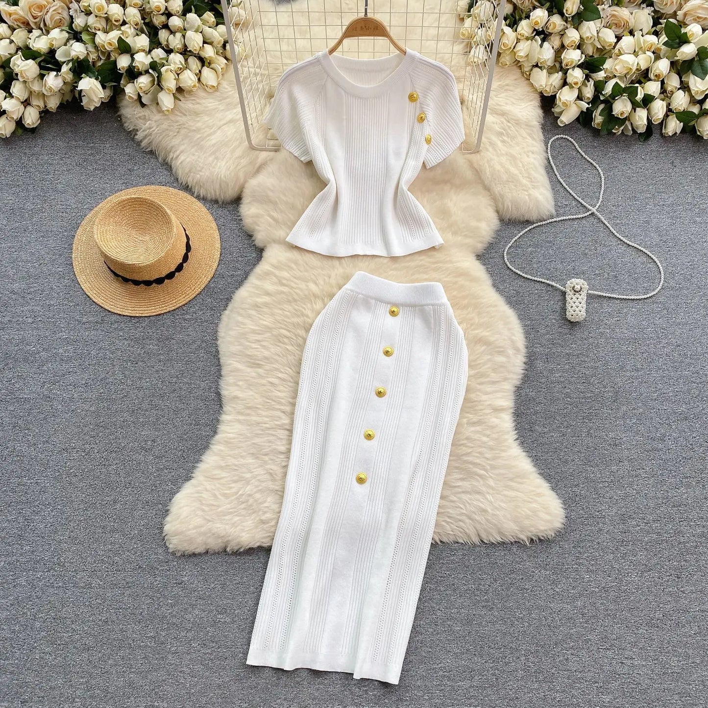 Skirt Set Women Two Piece Sets Dress Sets Short Sleeve Knitted Tops High Waist Long Skirts Elegant Splice Y2k Streetwear Work