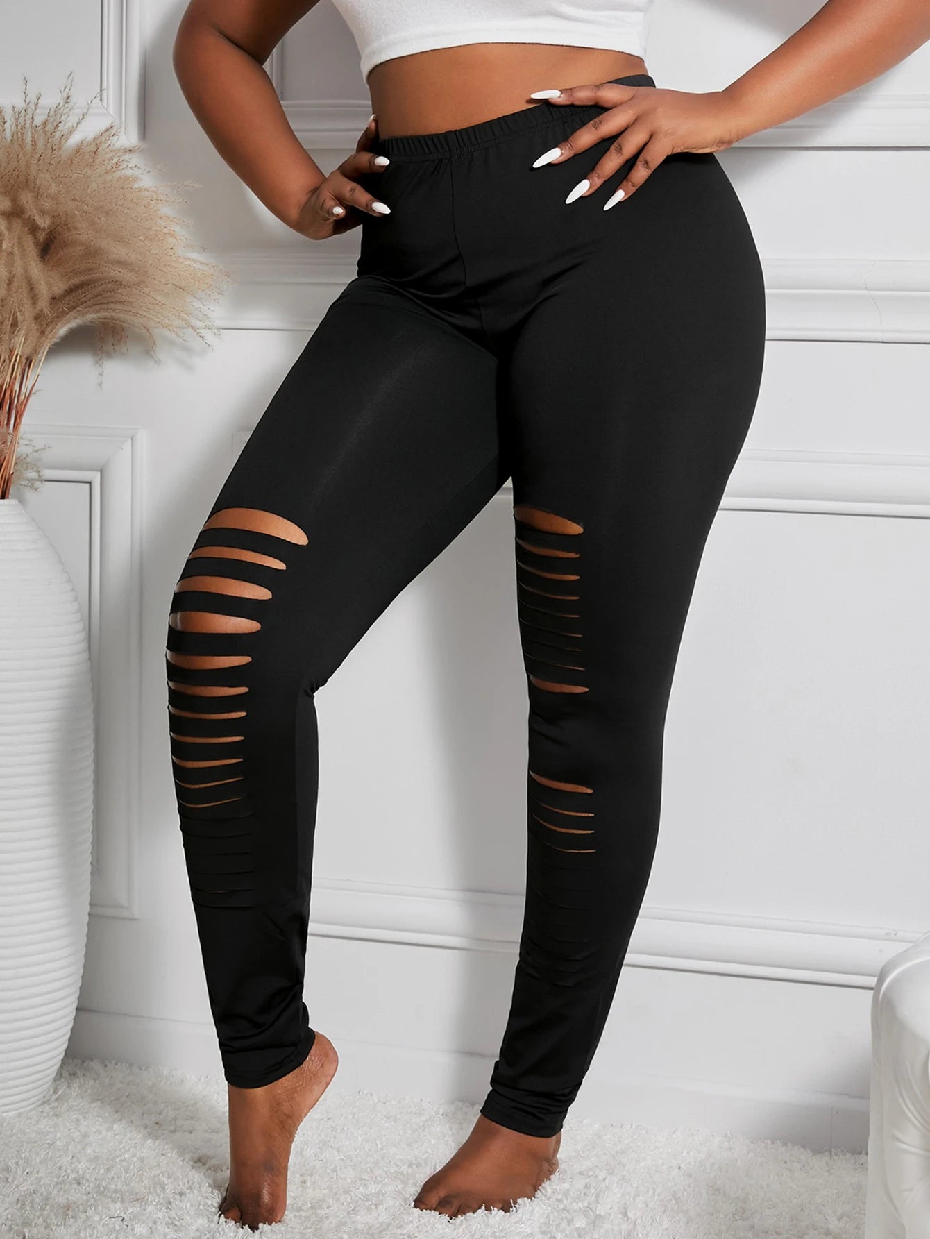 New Fashion Black Irregular Ripped Leggings Black High Stretch Tights Personality Solid Color Nine-point Pants Plus Size Women
