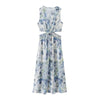 2024 Summer New Arrival Fashion Sweet Women's Flower Print Sleeveless Mid-length Skirt V-neck Waist-exposed Sexy Split Dress