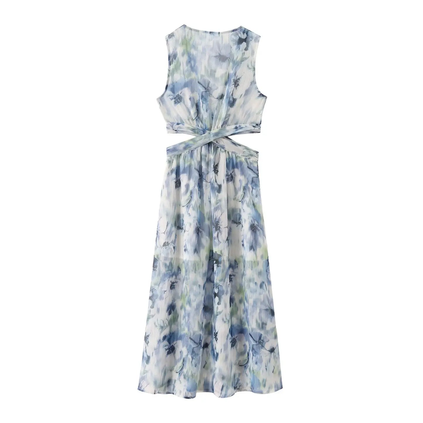 2024 Summer New Arrival Fashion Sweet Women's Flower Print Sleeveless Mid-length Skirt V-neck Waist-exposed Sexy Split Dress