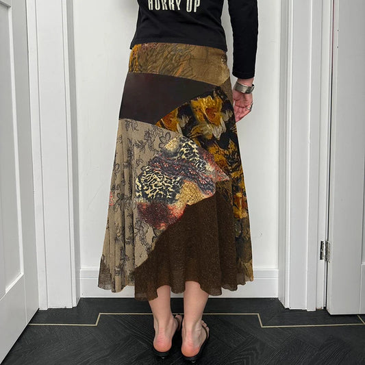 BIIKPIIK Vintage Floral Printed Boho Mesh Skirts For Women Spring Summer Casual Elegant Patchwork Maxi Skirts Y2K Retro Bottoms