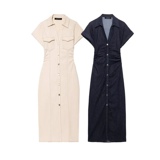 Womens Denim Dresses Summer 2025 Button Bodycon Blue Dress Ruffled Denim Turn Down Collar Long Dress Chic Casual Beach Vestidos