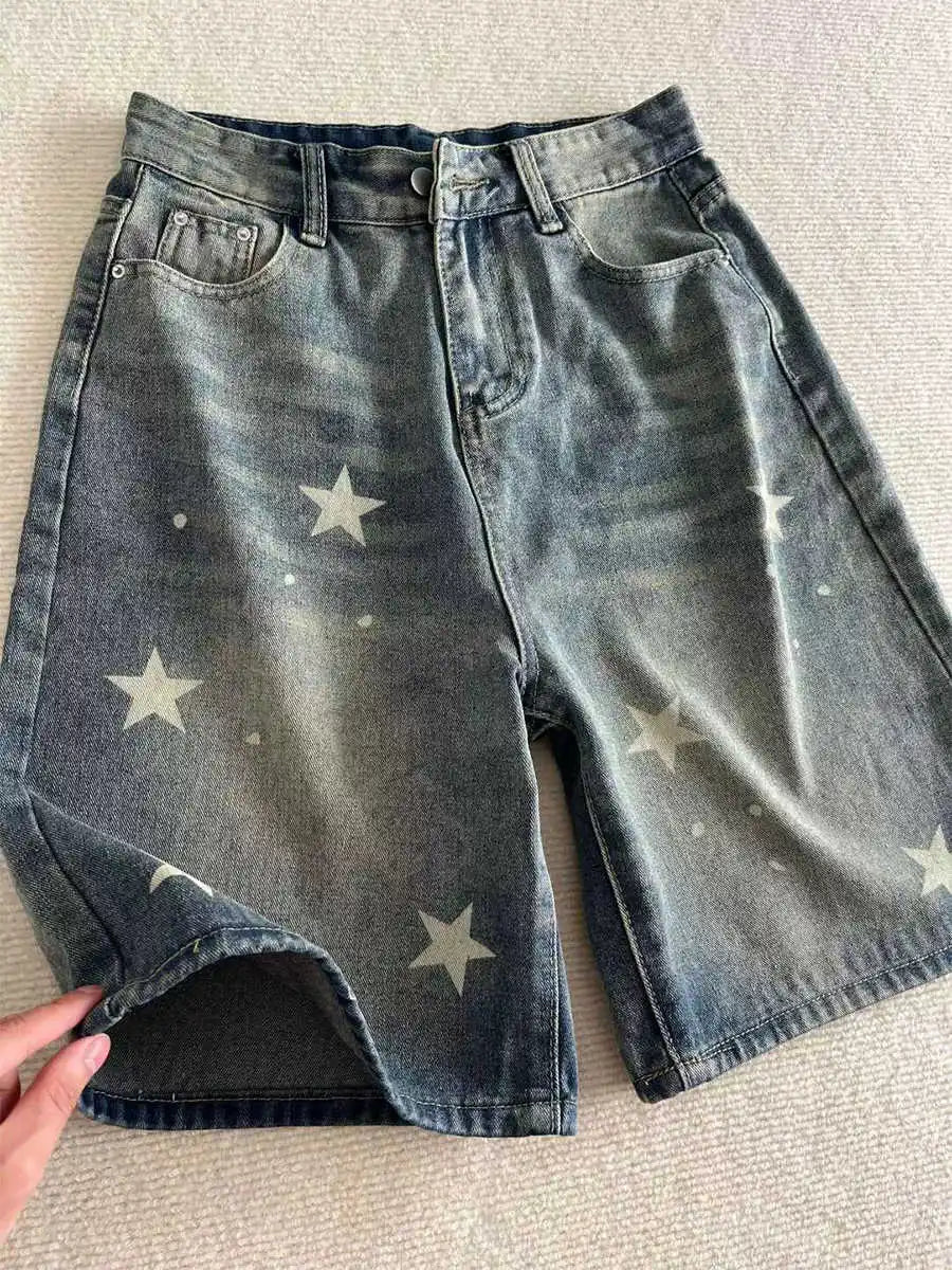 Summer Women 5XL Denim Shorts High Waist Star Pattern Blue shorts American Casual Fashion Female Retro Knee-length Jeans