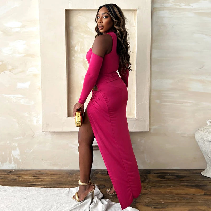 CUTENOVA 2024 Autumn New Single Shoulder Half High Neck Long Sleeve Sexy Hollow Out Bodysuit + High Split Long Dress Set Elegant