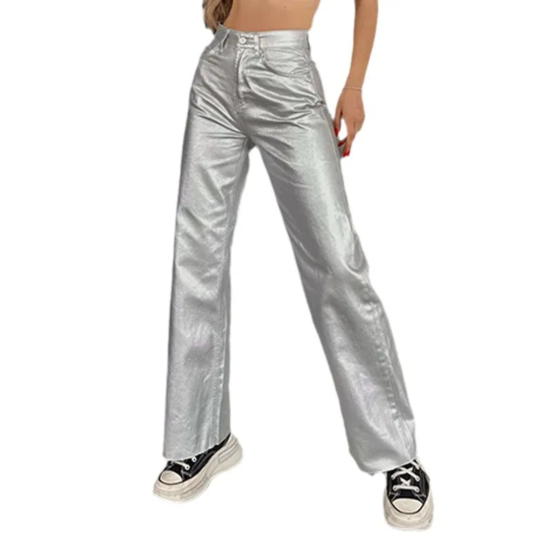 Women's Shiny Metallic Holographic Straight Wide-Leg Long Pants 2024 Spring Gold Silver Trousers Clubwear with Pockets