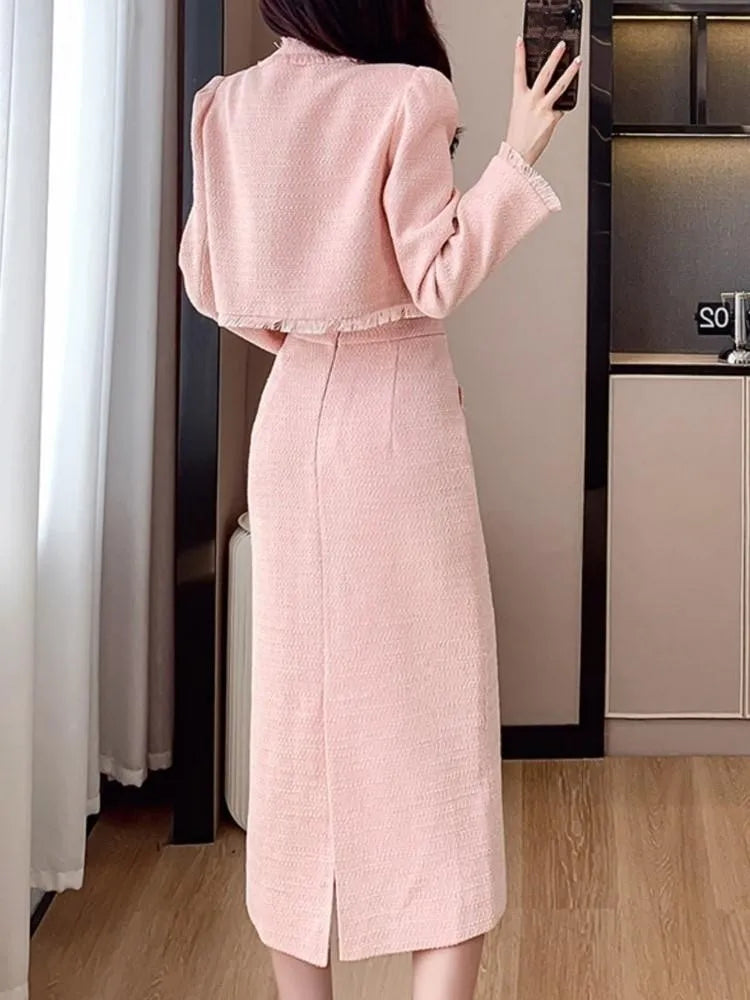 French Elegant Women Pink 2 Pieces Set 2025 Autumn Tassel Long Sleeve Coat A-line Chic Midi Skirt Spring Y2k Lady Dress Suits