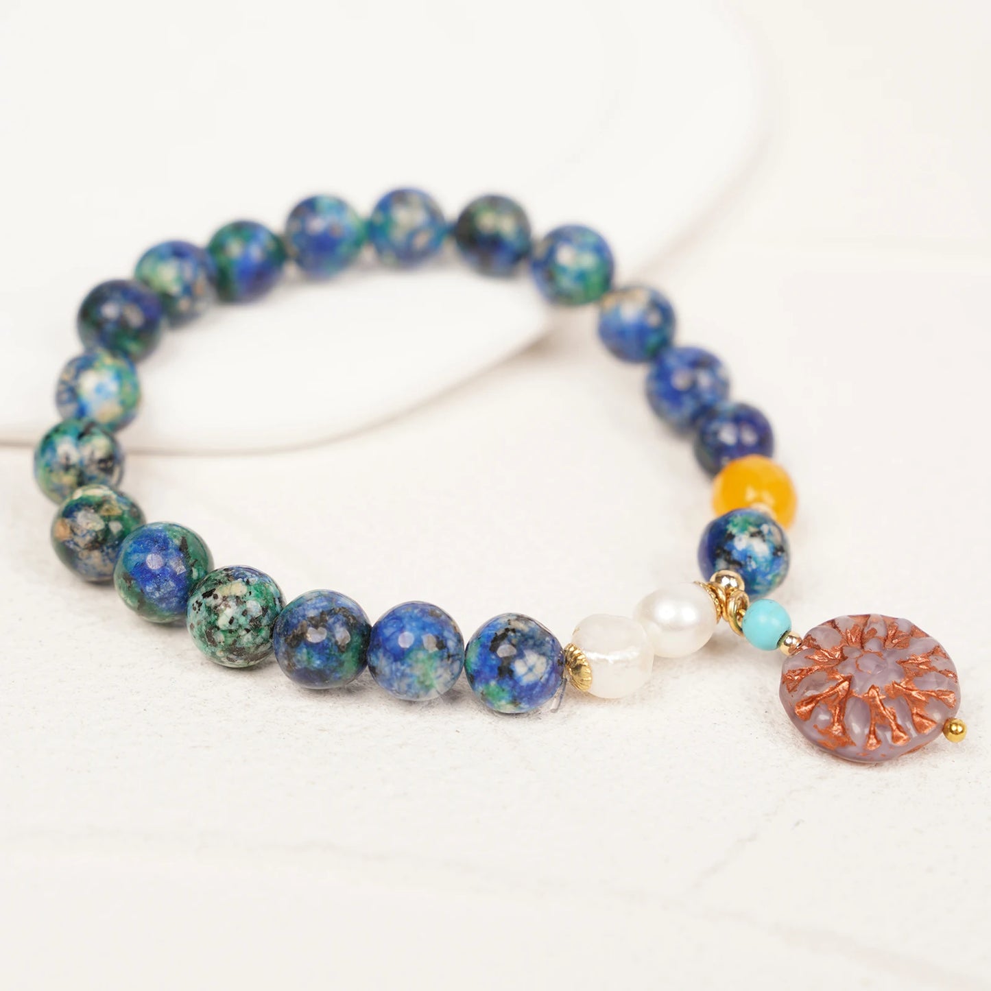 Hand Beaded Elastic Semi-Precious Synthetic Stone with Fresh Water Pearl and Czech Glass beadsBracelet  (6-016)