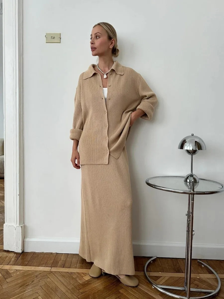 Women Knitted Outfits Casual Long Sleeve Lapel Sweater Cardigan+Loose Maxi Skirt Outfits 2025 Autumn Winter Two Piece Set